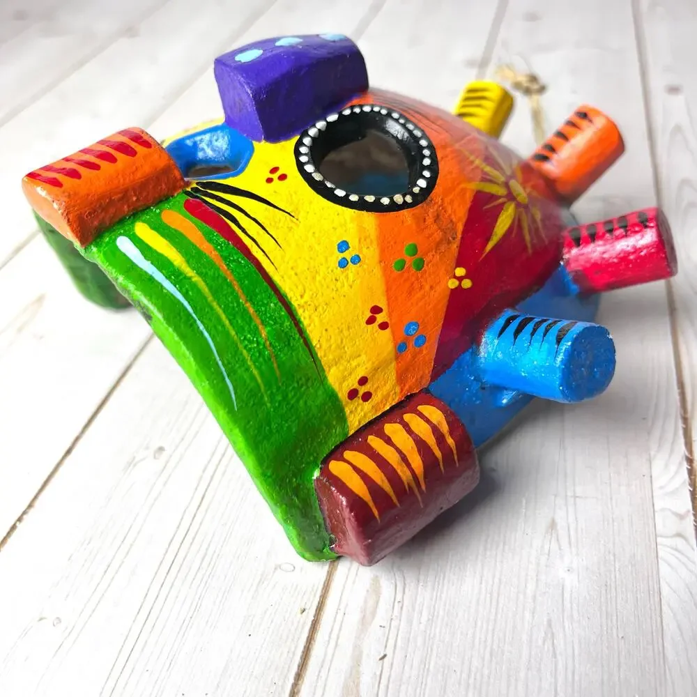 Aya Huma Mask Artisan Crafted Carved Wood Ecuador Bright Colors Rainbow 4.5